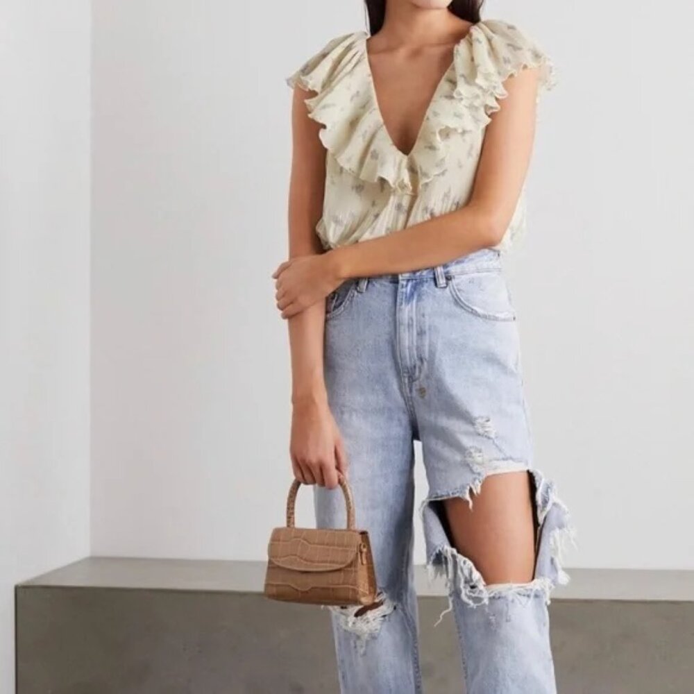 GANNI Ruffled Floral-Print Plissé-Georgette Blouse - Ivory